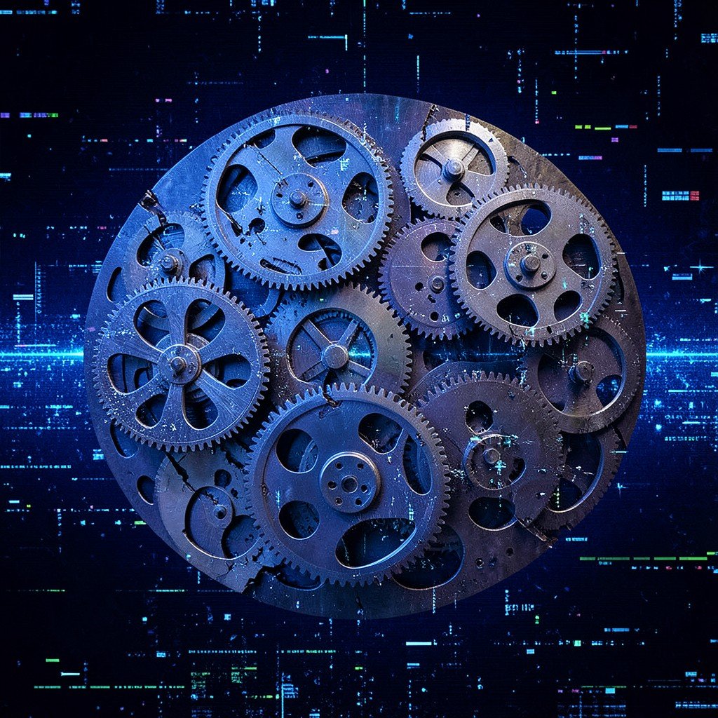 Concept of copyright dispute in AI video generation broken film reels and digital glitch effect dark blue background 4:3