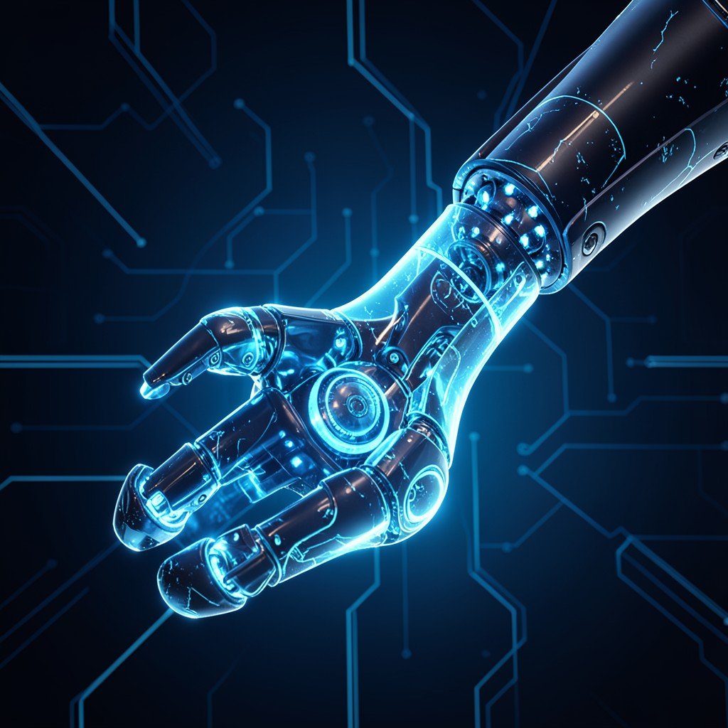 Traditional software box being pushed aside by an advanced glowing artificial intelligence robot arm, dark blue tech background, aspect ratio 1:1