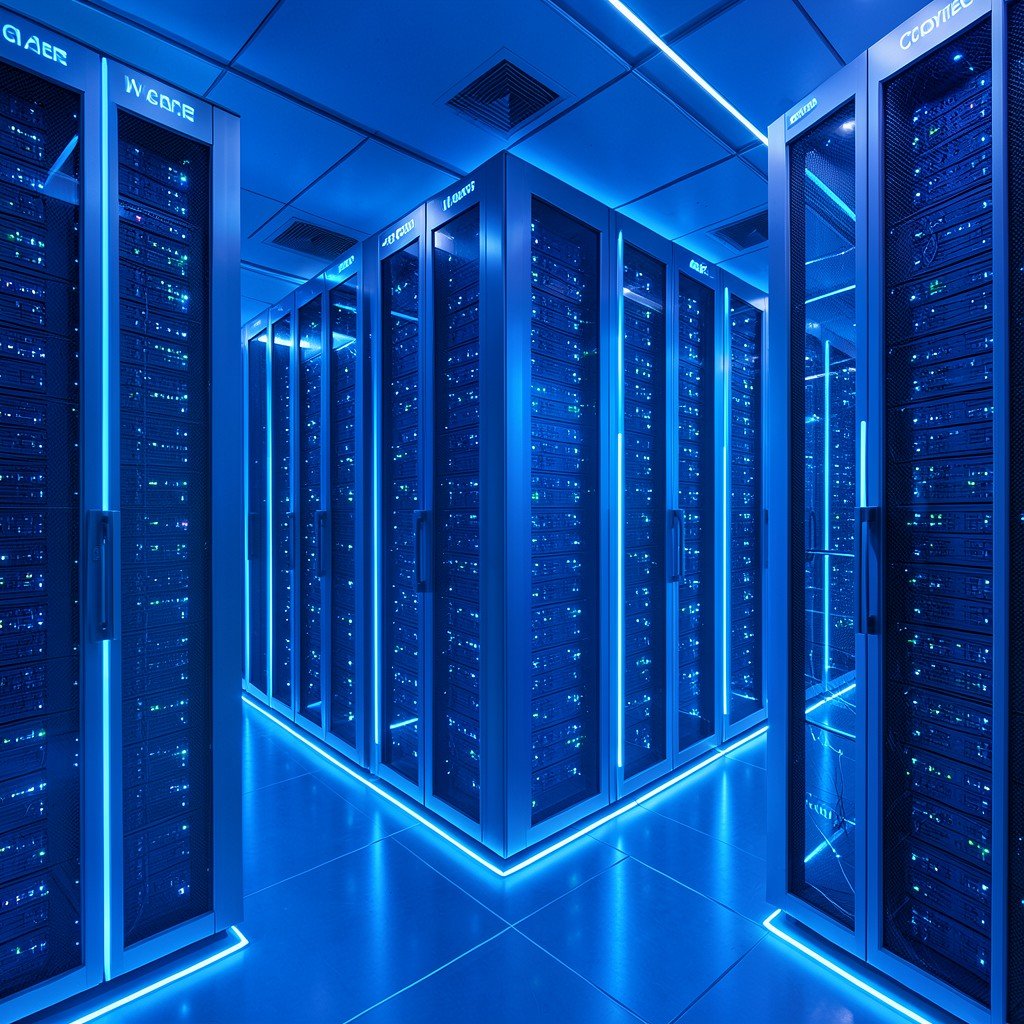 Futuristic AI data center with rows of glowing servers blue ambient lighting high tech atmosphere CoreWeave AI infrastructure 1:1