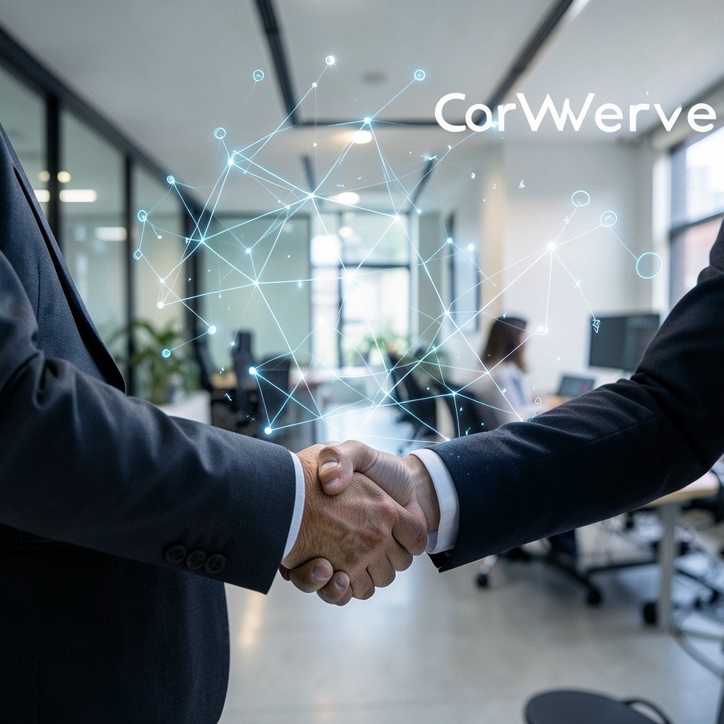 Business handshake in a modern tech office background with abstract AI data network visualization CoreWeave deal 1:1
