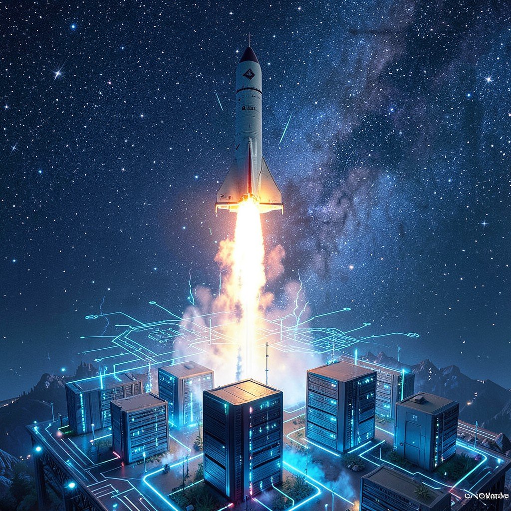 Rocket launching into a starry sky with glowing AI circuits and server farms below symbolizing generational growth CoreWeave future 1:1