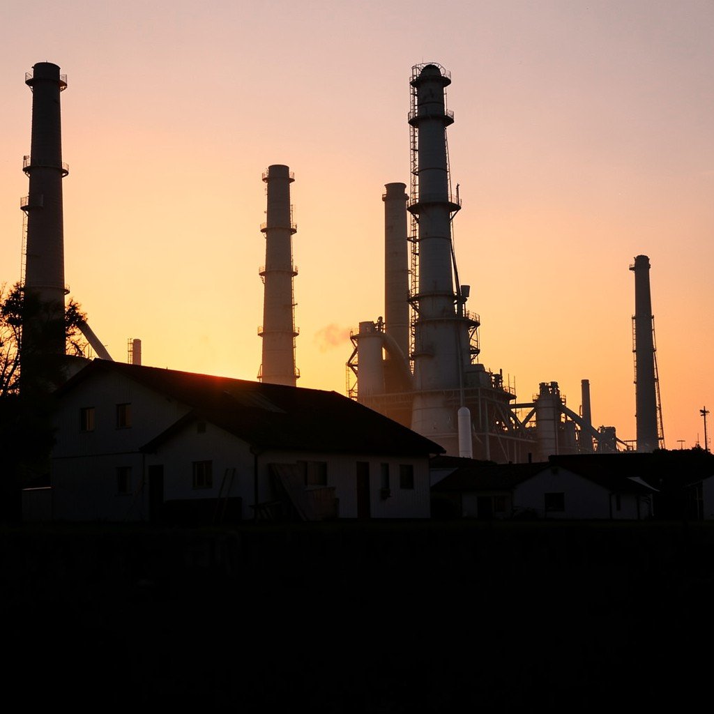 Silhouette of a small community standing against a massive industrial power plant in the background, sunset lighting, conceptual photography, no text, no korean, 4:3