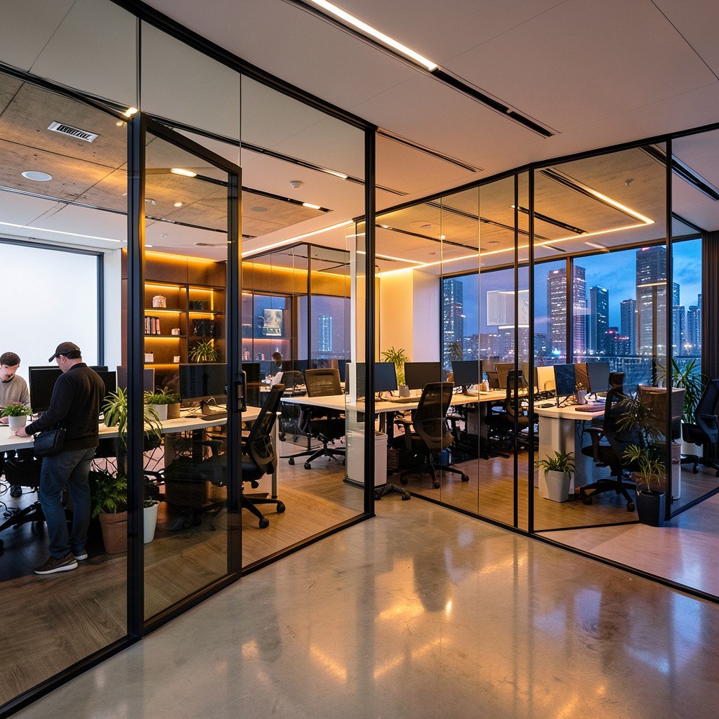 Sleek tech office interior with glass walls modern workstations open plan layout vibrant warm lighting professional 1:1