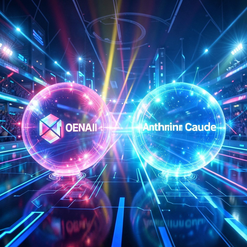 A futuristic sprint race on a digital track between glowing AI orbs representing OpenAI and Anthropic Claude, energetic lighting, cyber tech stadium background, no text, 1:1