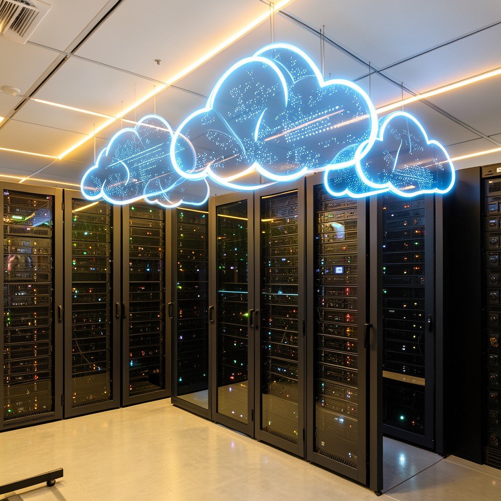 A modern corporate data center environment with glowing digital cloud icons floating above server racks, bright warm lighting, futuristic and clean aesthetic, no text, 4:3