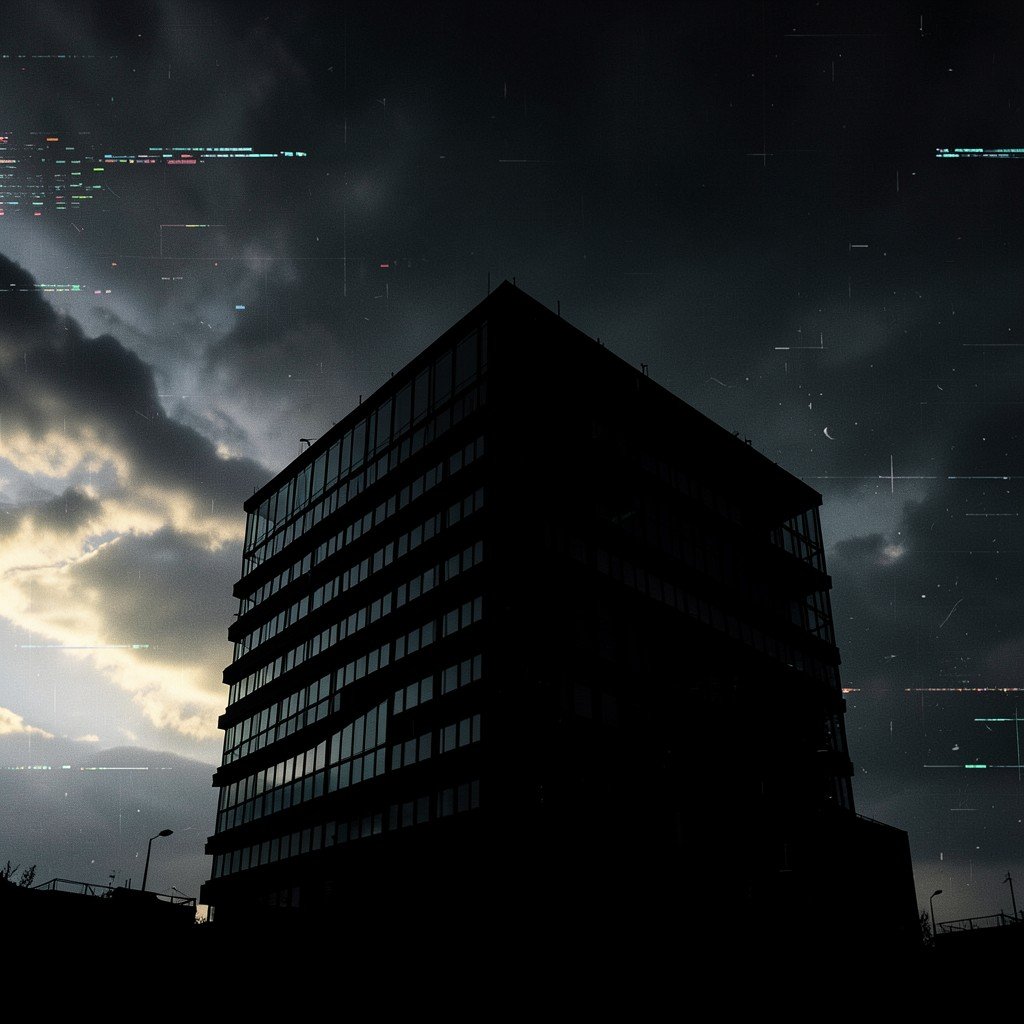 Silhouette of a modern office building under a dramatic sky with subtle digital glitch effects representing market uncertainty, high contrast, no text, aspect ratio 4:3