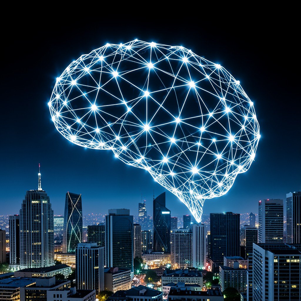 Abstract concept of surging AI demand with multiple connected glowing nodes forming a brain shape over a modern city skyline, high contrast, no text, aspect ratio 1:1