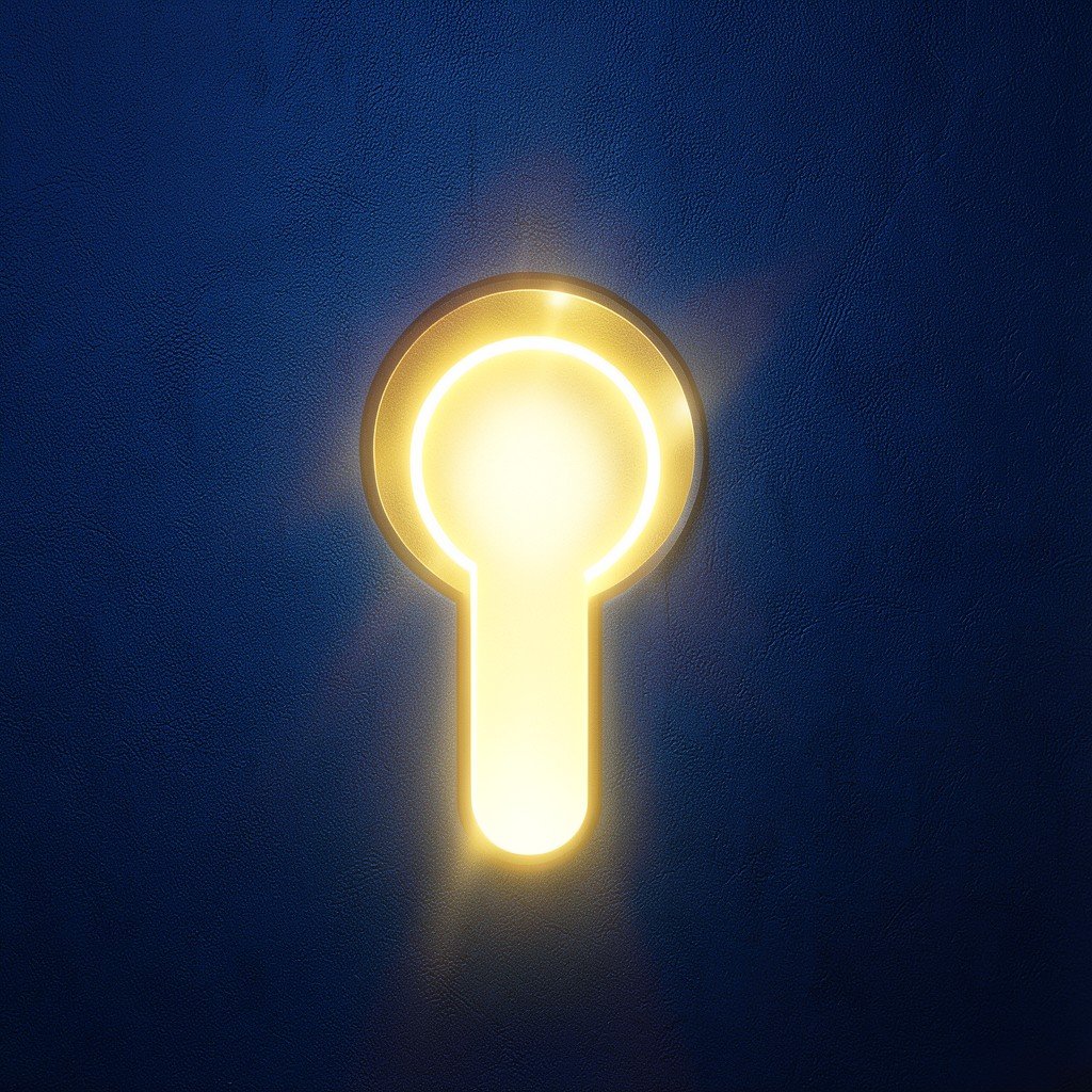 An abstract digital keyhole glowing with bright golden light on a dark blue textured background symbolizing open API access for developers modern futuristic style 1:1