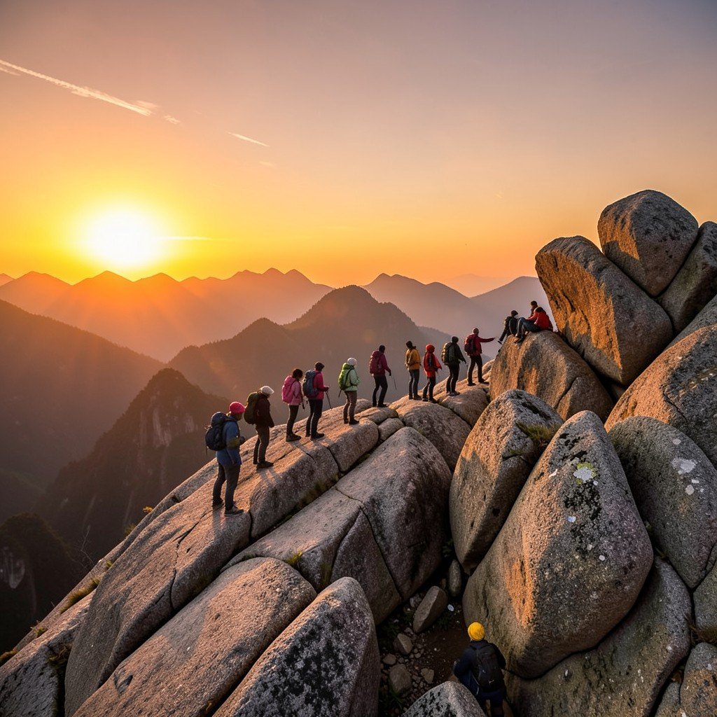 Hikers gathering on a mountain peak at dawn waiting for sunrise, Mount Huangshan granite rocks, warm orange sky, no text, 4:3