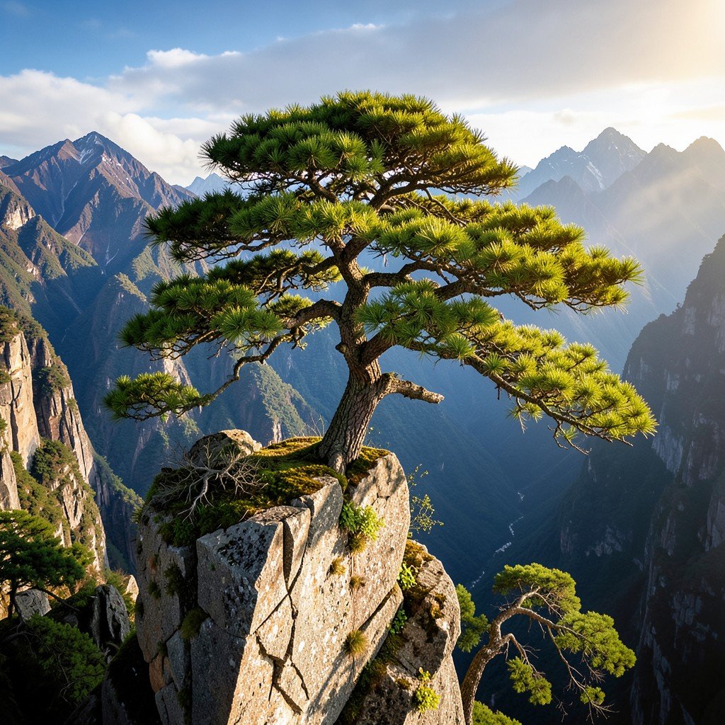 Iconic Huangshan pine tree growing on a steep cliff edge with dramatic mountain background, no text, 4:3