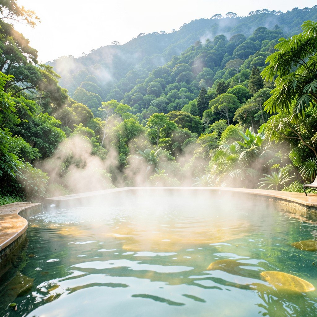 Outdoor hot spring pool surrounded by lush green mountain nature, steam rising from warm water, relaxing atmosphere, no text, 1:1