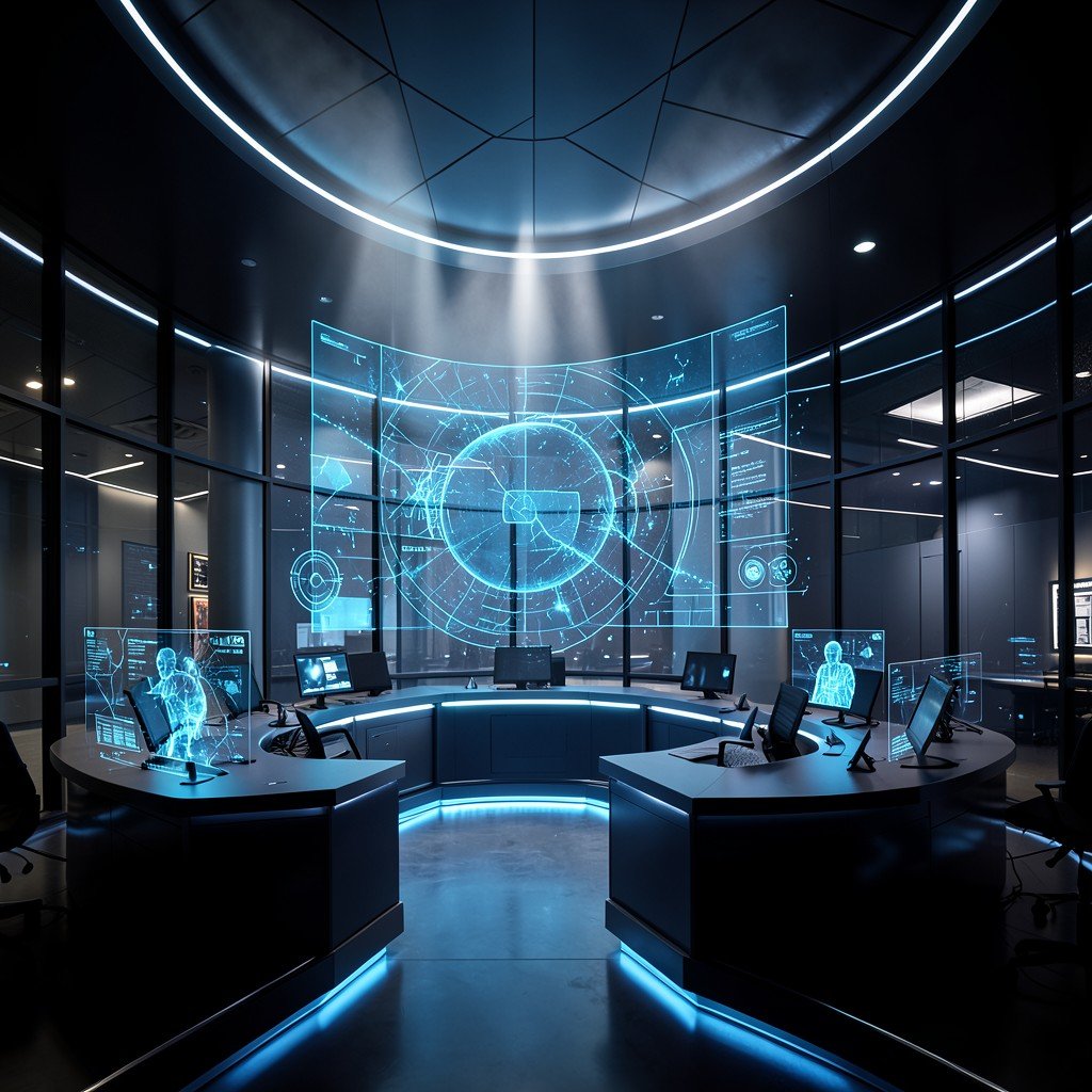 Futuristic courtroom with AI hologram elements, dramatic lighting, modern architecture, no text, aspect ratio 16:9