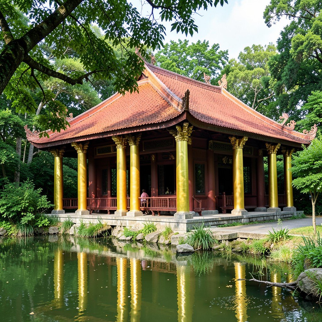 Chinese Tea House in Potsdam with golden pillars and red roof, surrounded by a pond and green trees, peaceful atmosphere, natural lighting, aspect ratio 1:1