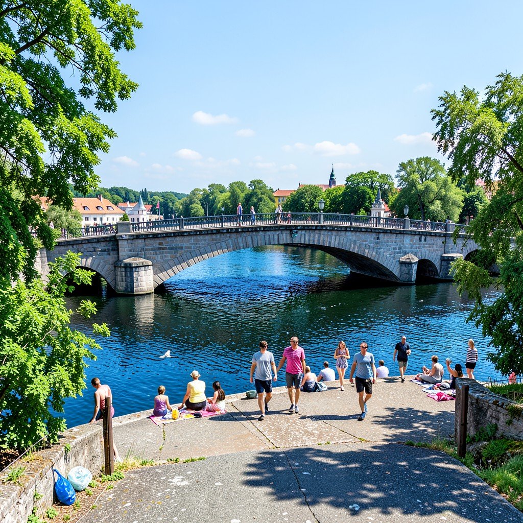 Glienicke Bridge over the Havel river in Potsdam, people walking and having a picnic, scenic view with blue water and green trees, bright daylight, lifestyle photography, aspect ratio 4:3