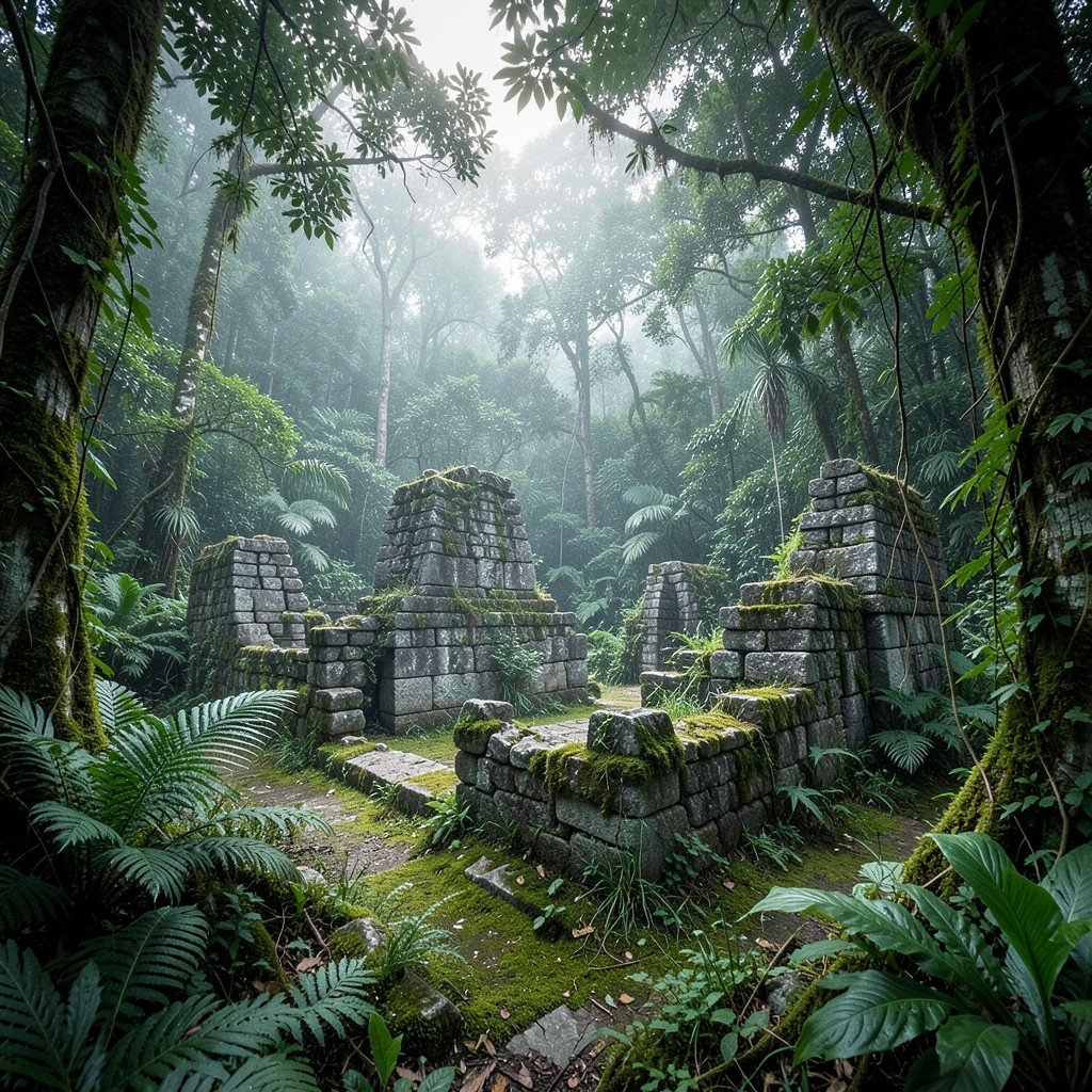 Ancient stone ruins partially overgrown with moss and vines deep in a tropical cloud forest, archaeological site, atmospheric lighting, no text, cinematic, 4:3