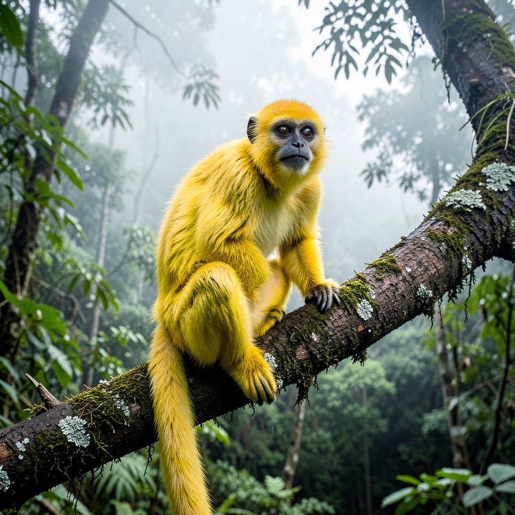 Yellow-tailed woolly monkey sitting on a thick branch in a misty cloud forest, vibrant fur, natural wildlife photography, Rio Abiseo National Park Peru, no text, highly detailed, 1:1