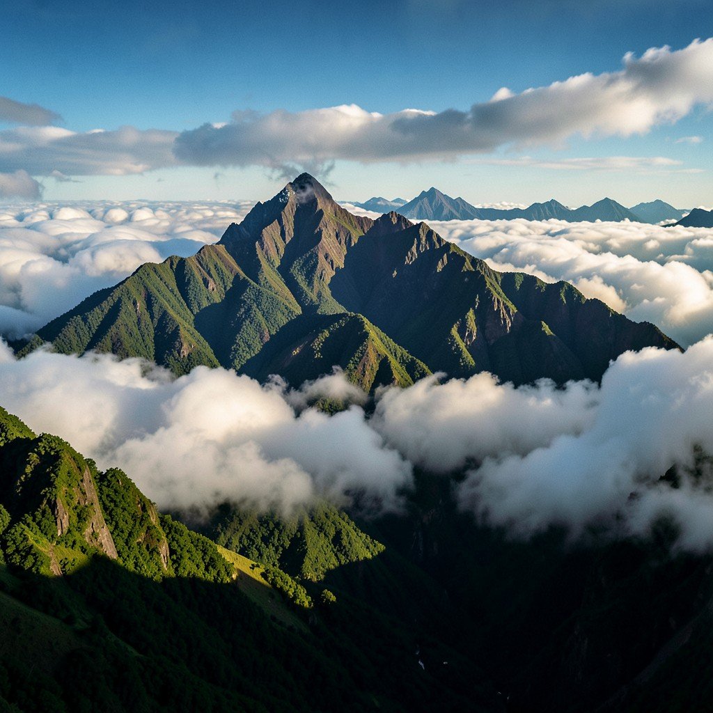 Breathtaking view of Andes mountains above the clouds with lush green peaks, dramatic lighting, natural landscape, Peru, no text, cinematic, 4:3