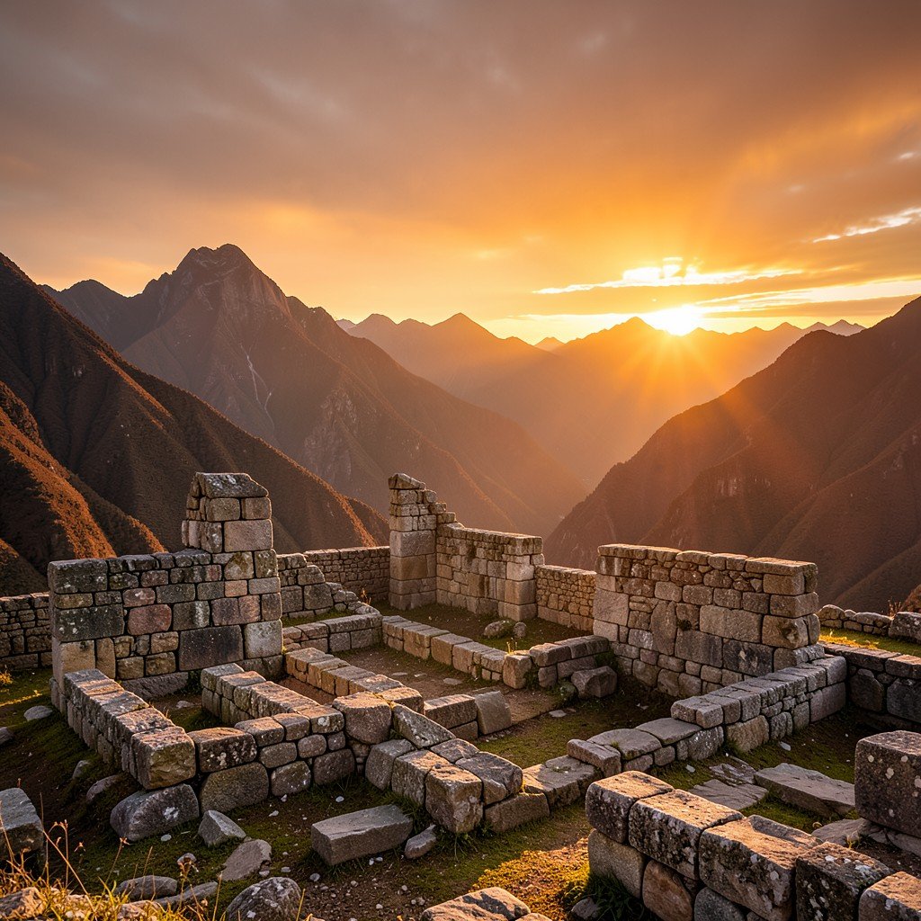 Ancient stone ruins in the Andes mountains during sunset, warm golden lighting, atmospheric, archaeological site, no text, 4:3