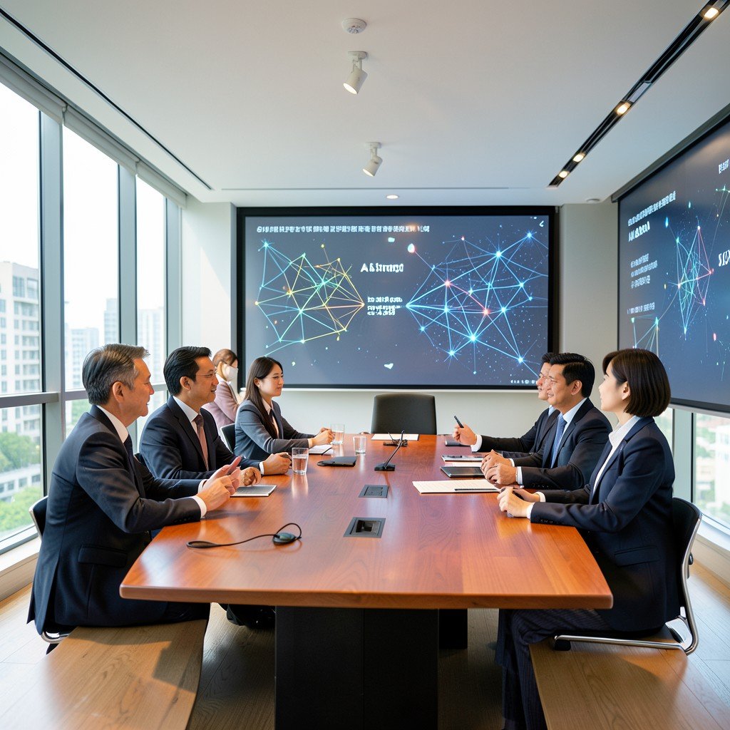 Business meeting discussing AI startup collaboration, modern boardroom with screens showing neural networks, natural lighting, Korean appearance professionals, aspect ratio 4:3