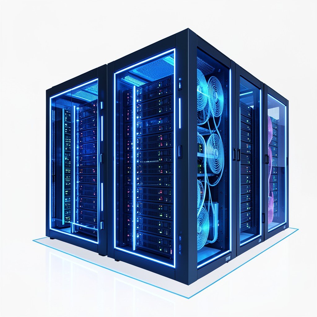 High-tech data center with blue lights and server racks, cooling systems visible, clean infographic style, no text, aspect ratio 1:1