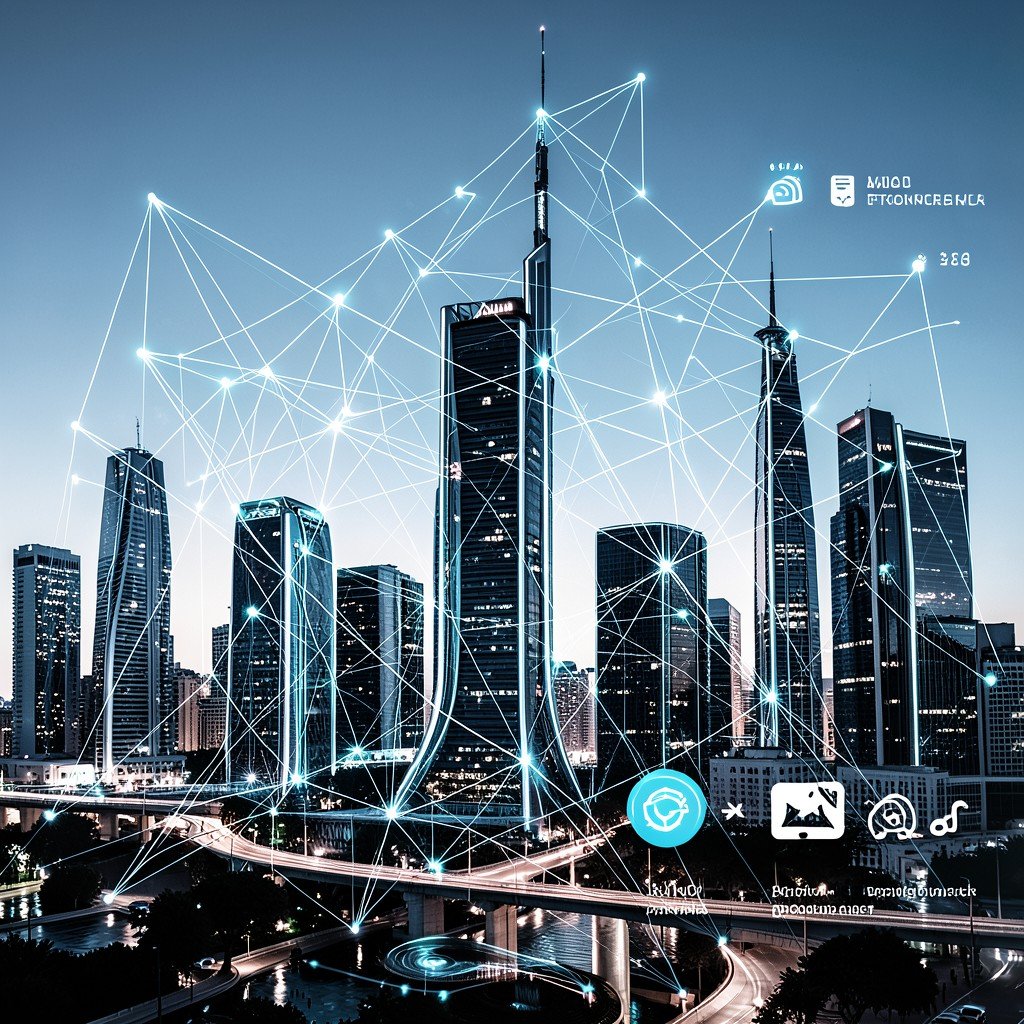 Futuristic city skyline with glowing AI network connections overlay, clean infographic style, high contrast, aspect ratio 4:3