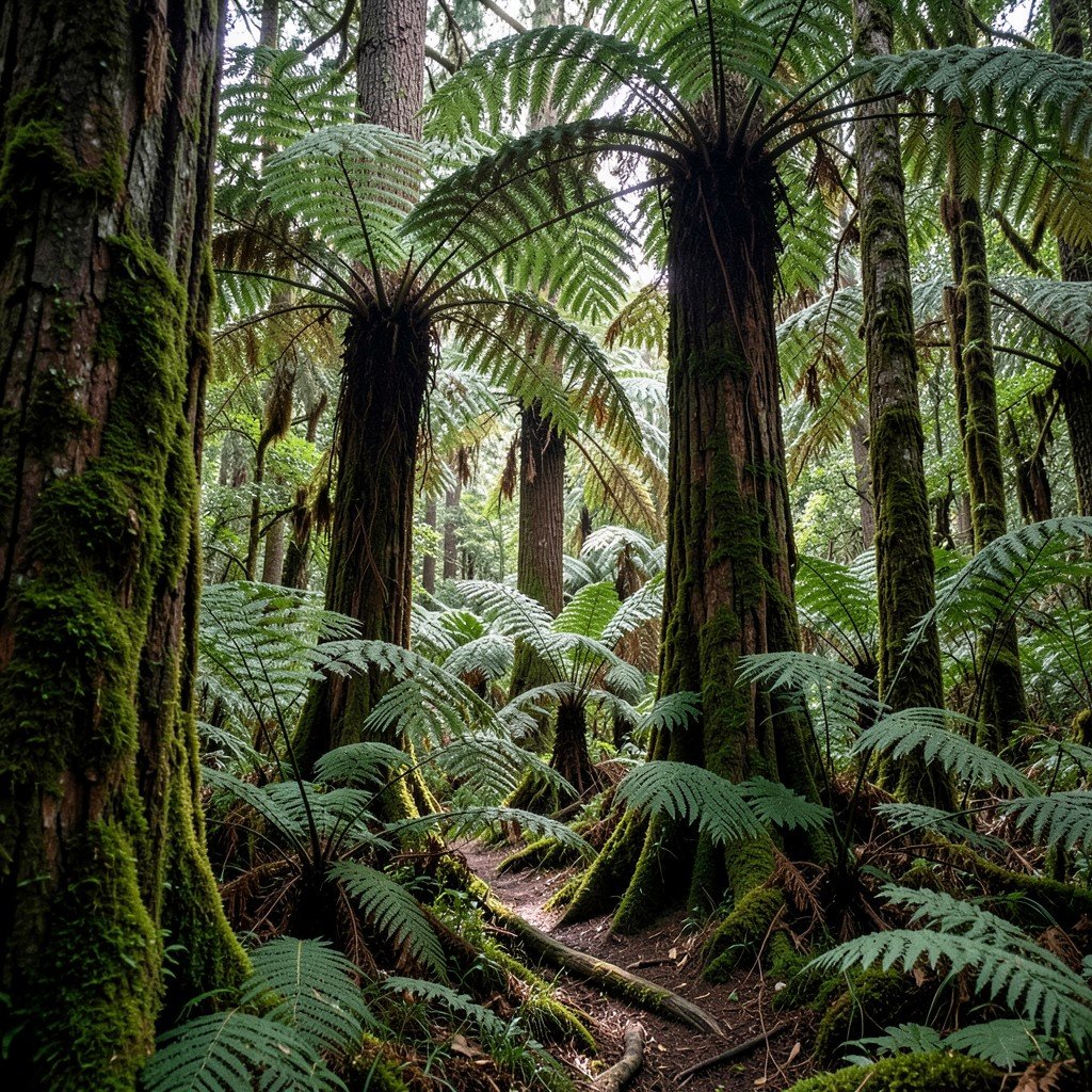 Dense ancient forest floor with giant tree ferns and moss-covered tree trunks in Te Wahipounamu, primeval atmosphere, soft dappled sunlight, aspect ratio 4:3