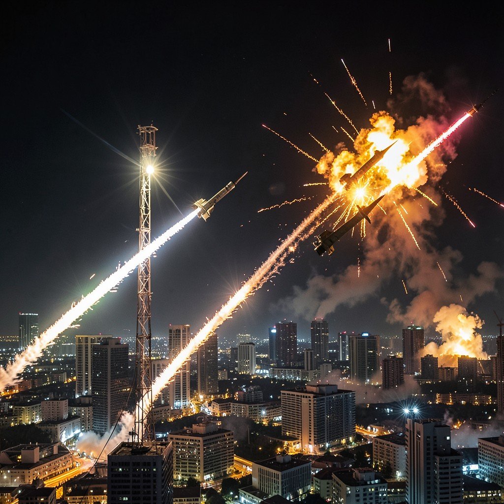 Nighttime air defense systems intercepting missiles over a Gulf city skyline, bright tracer fire and explosions in the sky, dramatic lighting, aspect ratio 1:1