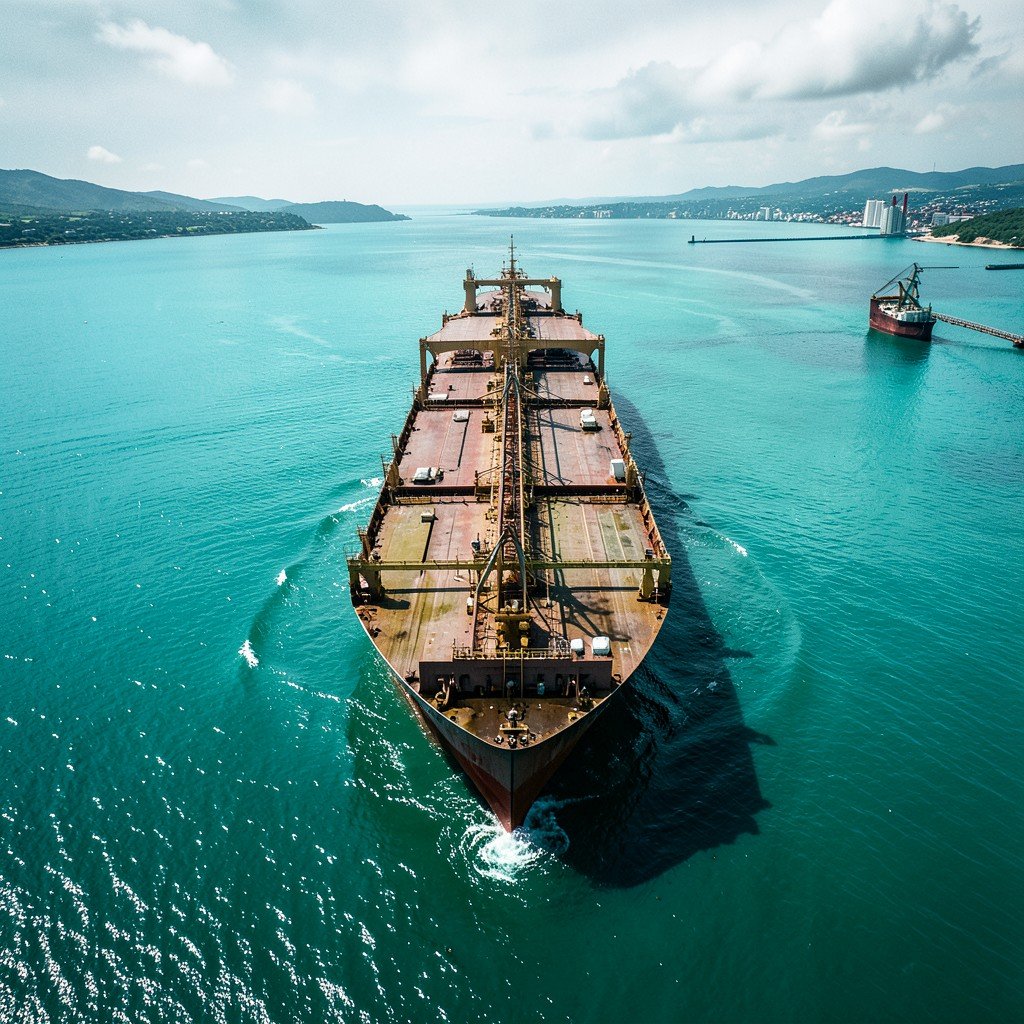 Aerial view of a massive oil tanker navigating through the Strait of Hormuz, clear turquoise waters, tense atmosphere, cinematic lighting, aspect ratio 4:3