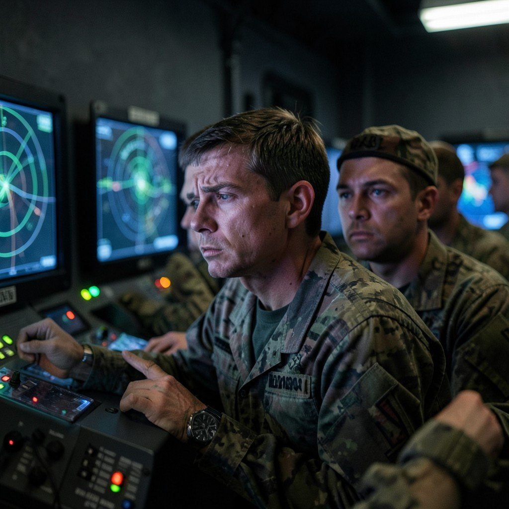 Military personnel monitoring radar screens in a dimly lit command center, exhausted expressions, glowing screens reflecting on their faces, realistic style, aspect ratio 1:1