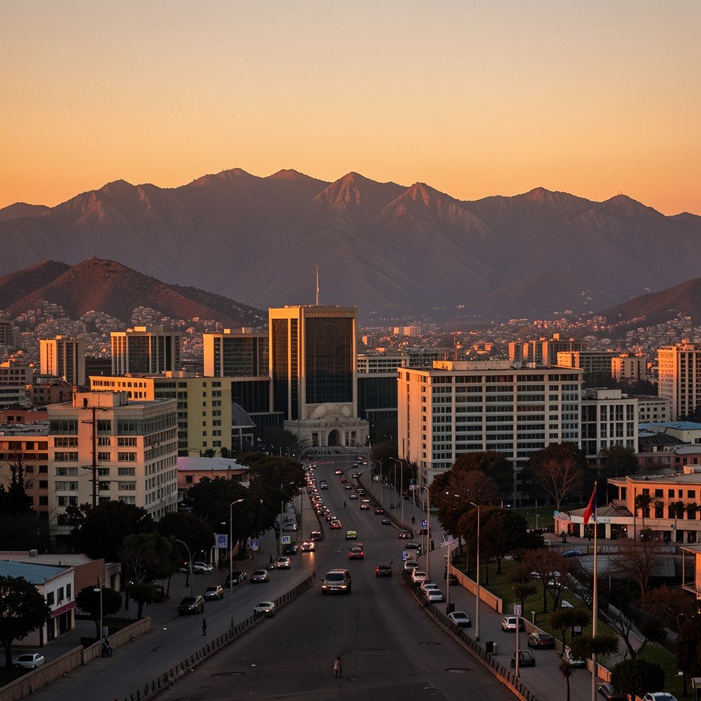 Islamabad cityscape at dusk with mountain backdrop, diplomatic buildings and peaceful streets, warm golden hour lighting, aspect ratio 4:3