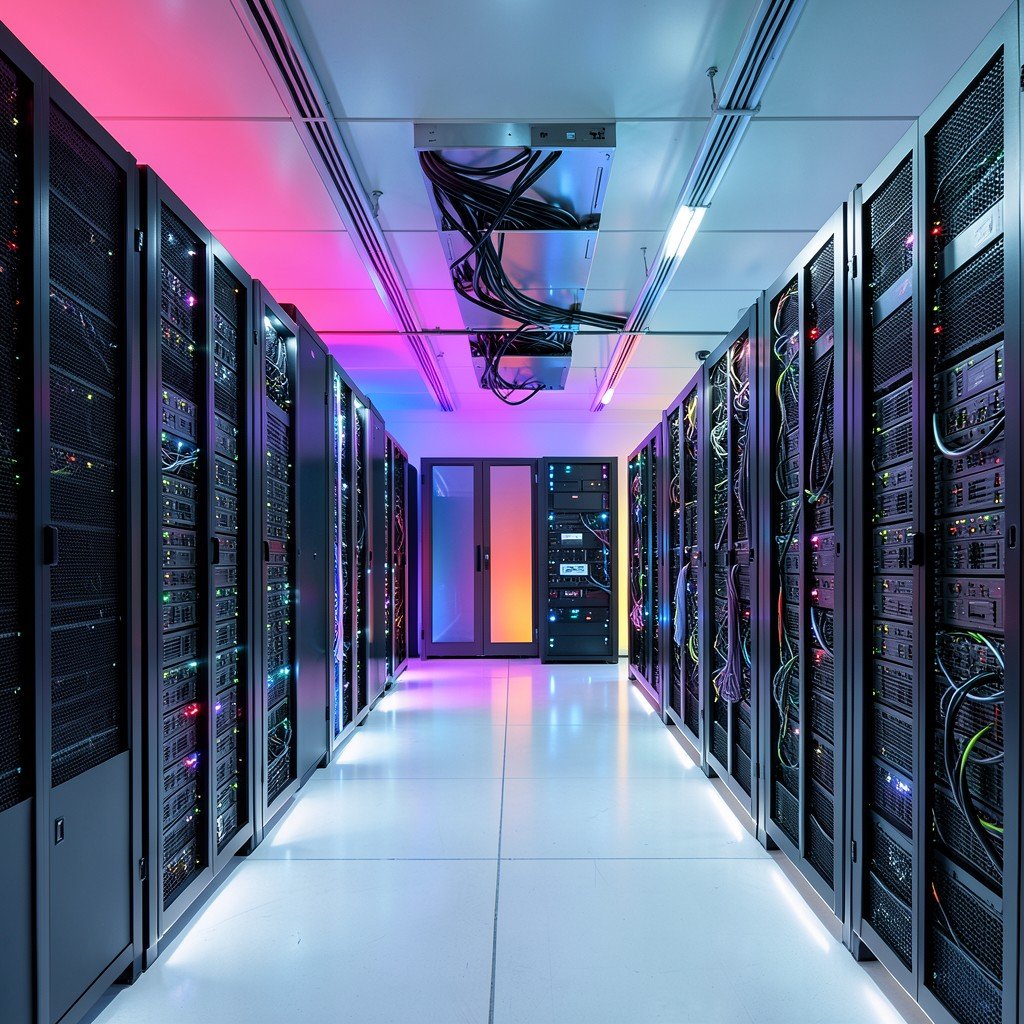 Modern AI data center interior with rows of illuminated servers and advanced cooling systems colorful gradient background no korean text 1:1