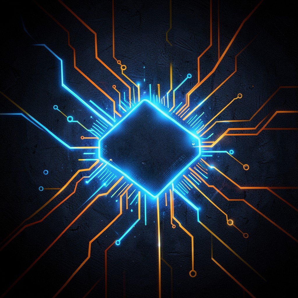 Abstract illustration of advanced AI semiconductor chip processing data with glowing blue and orange circuit lines dark textured background no text 1:1