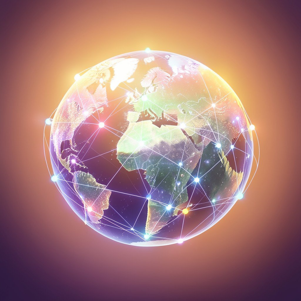 Futuristic concept of cloud computing network nodes connecting across a stylized digital globe gradient warm lighting no text 1:1