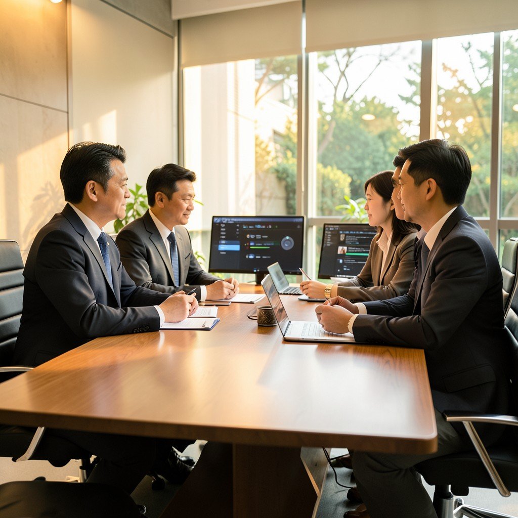 Korean executives in business attire discussing strategy around a modern conference table with digital screens warm lighting natural setting no text 1:1