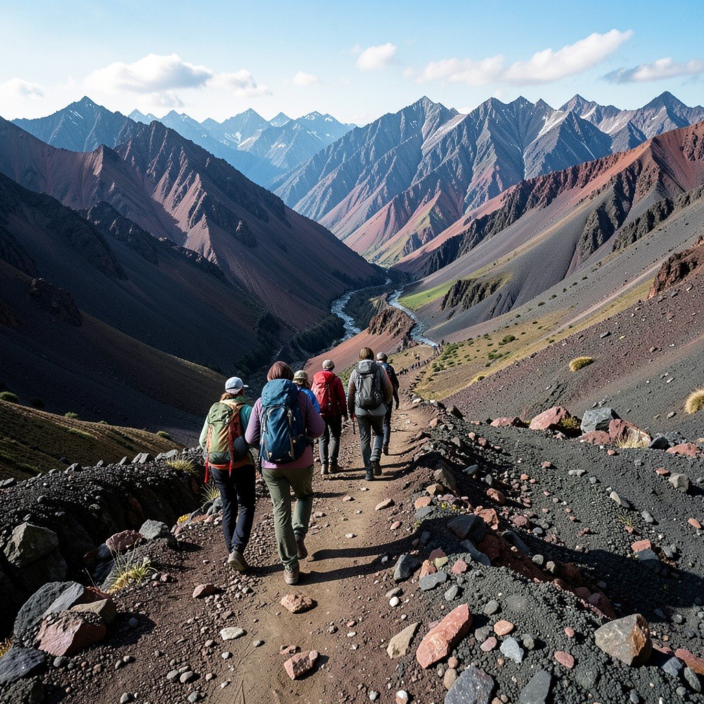 Hikers walking on a steep volcanic trail in Tongariro Alpine Crossing with dramatic landscape 1:1