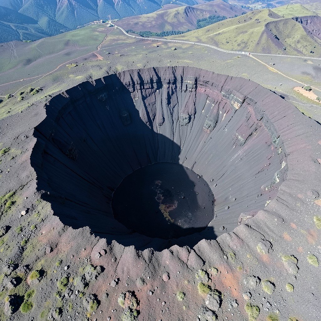 Aerial view of the volcanic crater of Mount Ngauruhoe in New Zealand with dark volcanic ash 1:1