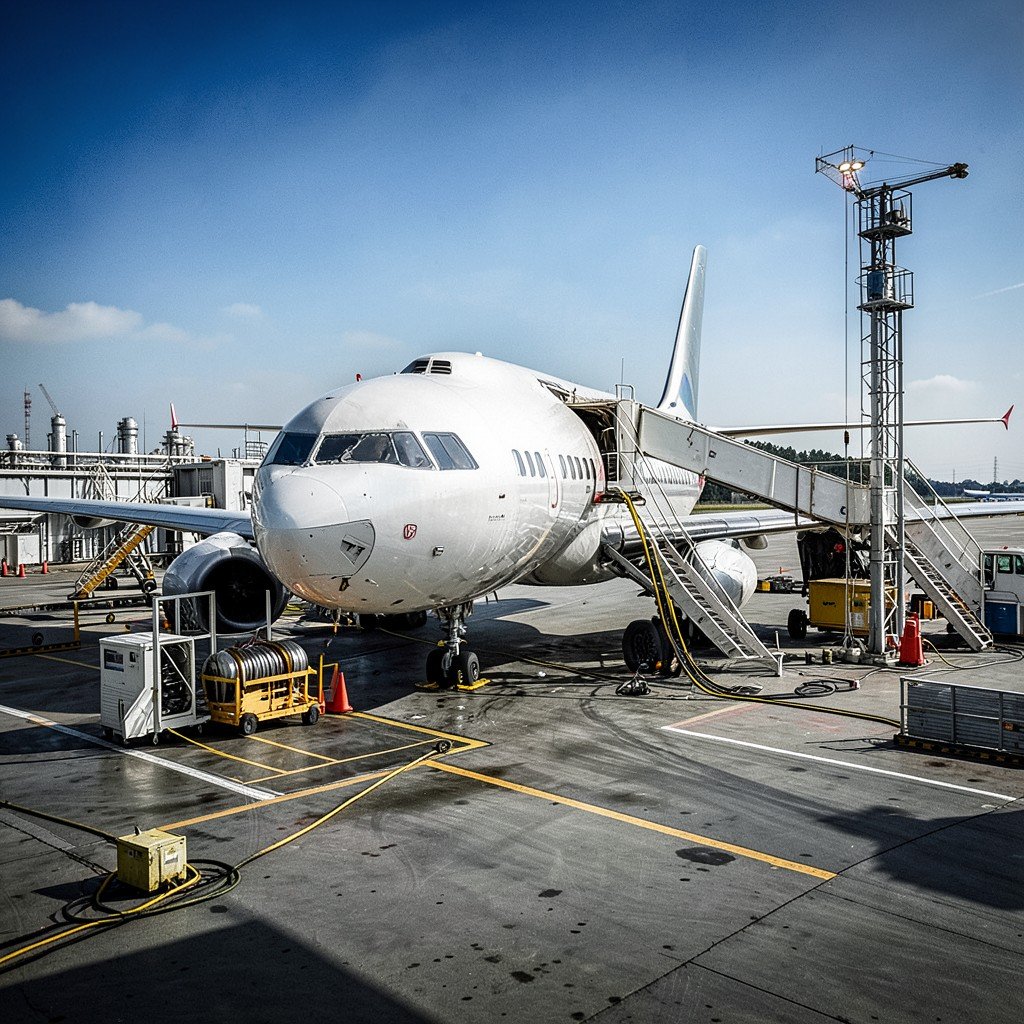 A passenger jet parked at an airport fuel facility, aviation fueling process, realistic industrial scene, no text, high contrast, 1:1