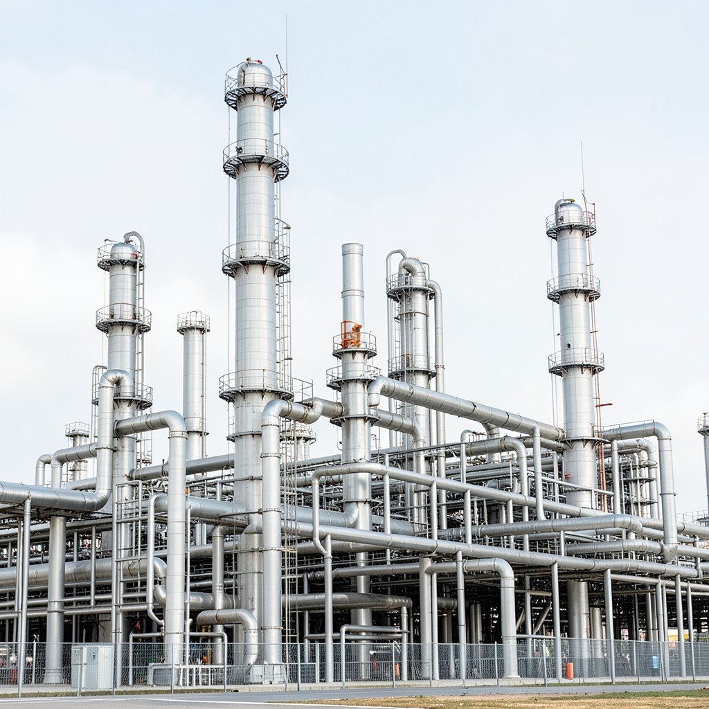 A large industrial oil refinery plant with complex pipes and towers, clean modern industrial photography, no text, no people, 4:3