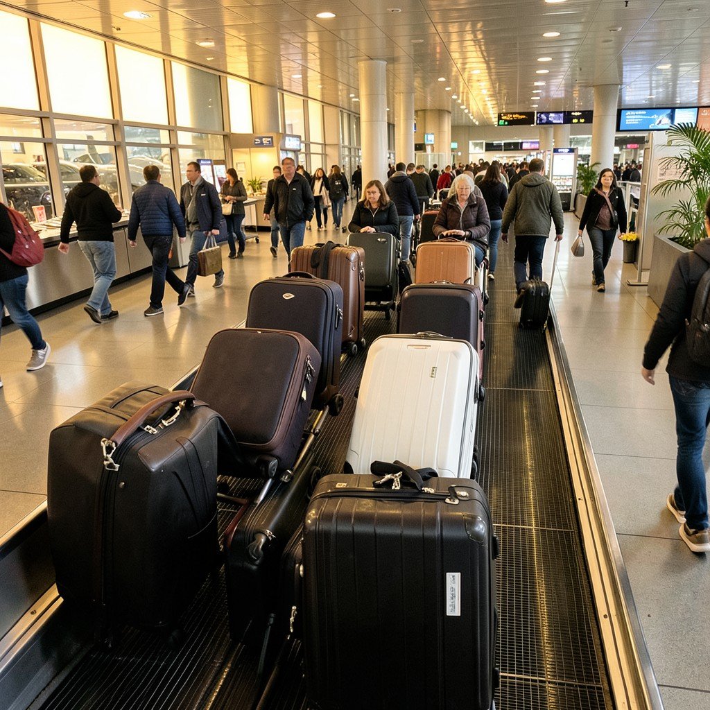 Airport luggage conveyor belt with traveling suitcases, busy travel scene, warm lighting, realistic photography, no text, 1:1