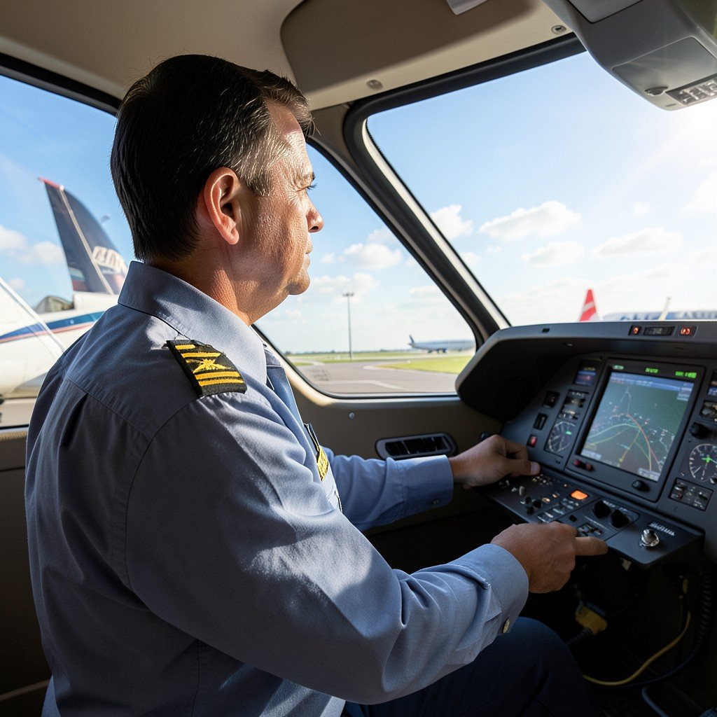 A commercial airline pilot looking out the cockpit window at a sunny sky, professional aviation photography, realistic, no text, 1:1
