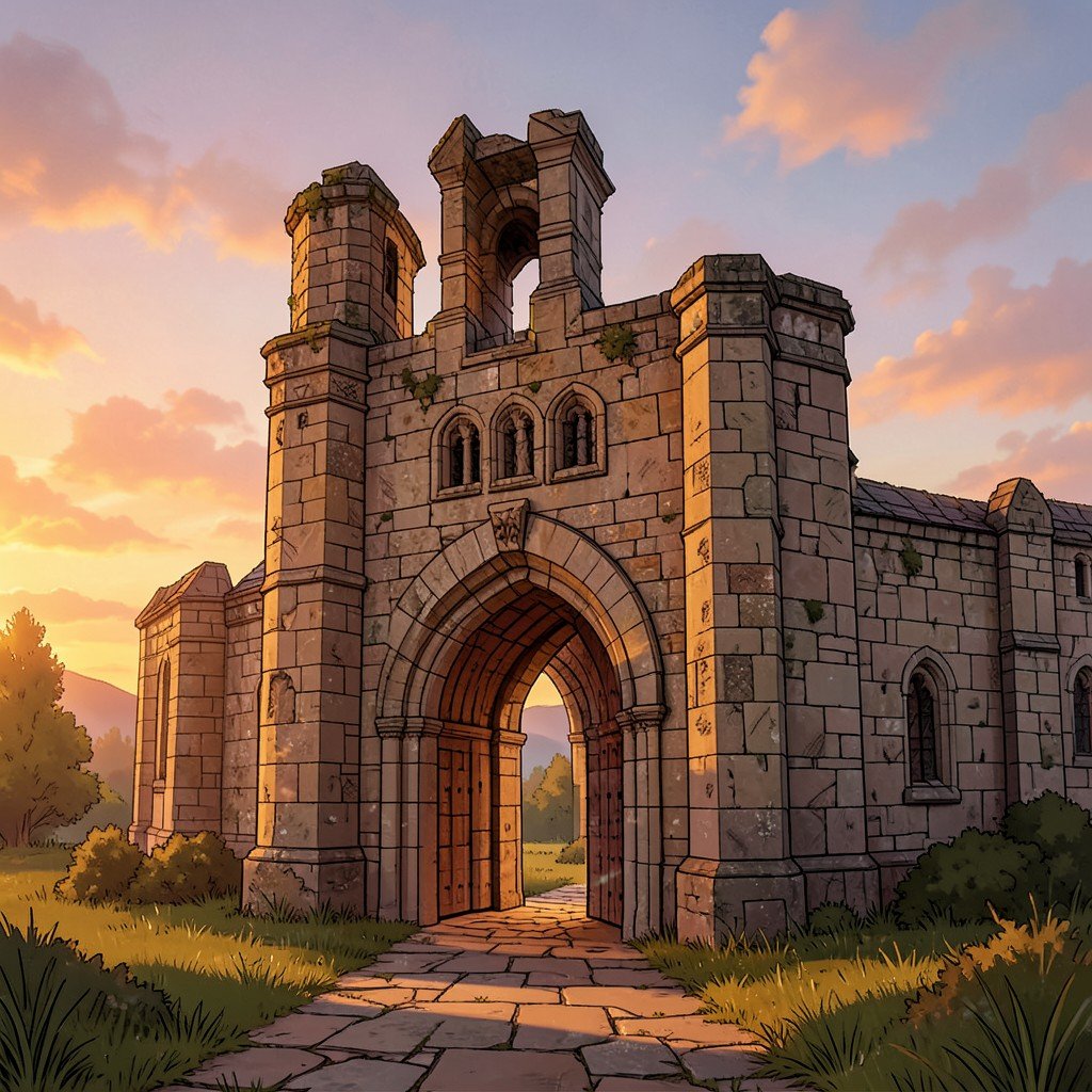 Ancient stone gate of Lorsch Abbey Germany warm sunset light historical illustration no text 1:1