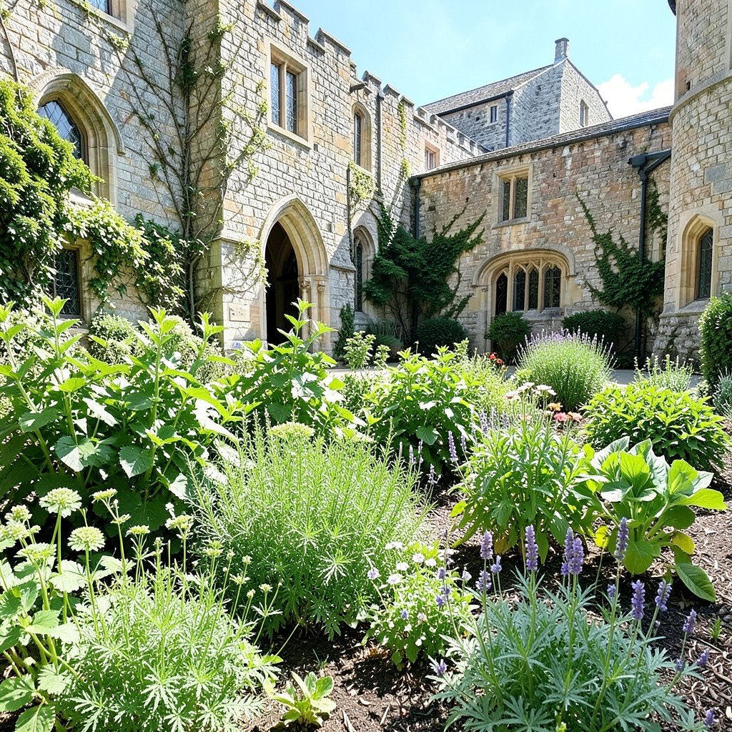 Medieval monastery herb garden with green medicinal plants sunny day natural setting no text 4:3