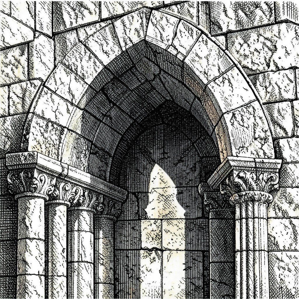Close up of Carolingian stone arch architecture detailed texture historical illustration no text 1:1