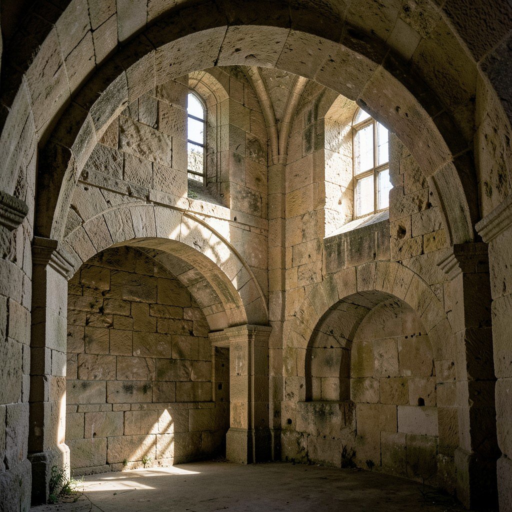 Interior of historical Carolingian gate stone arches sunlight shining through ancient windows no text 4:3