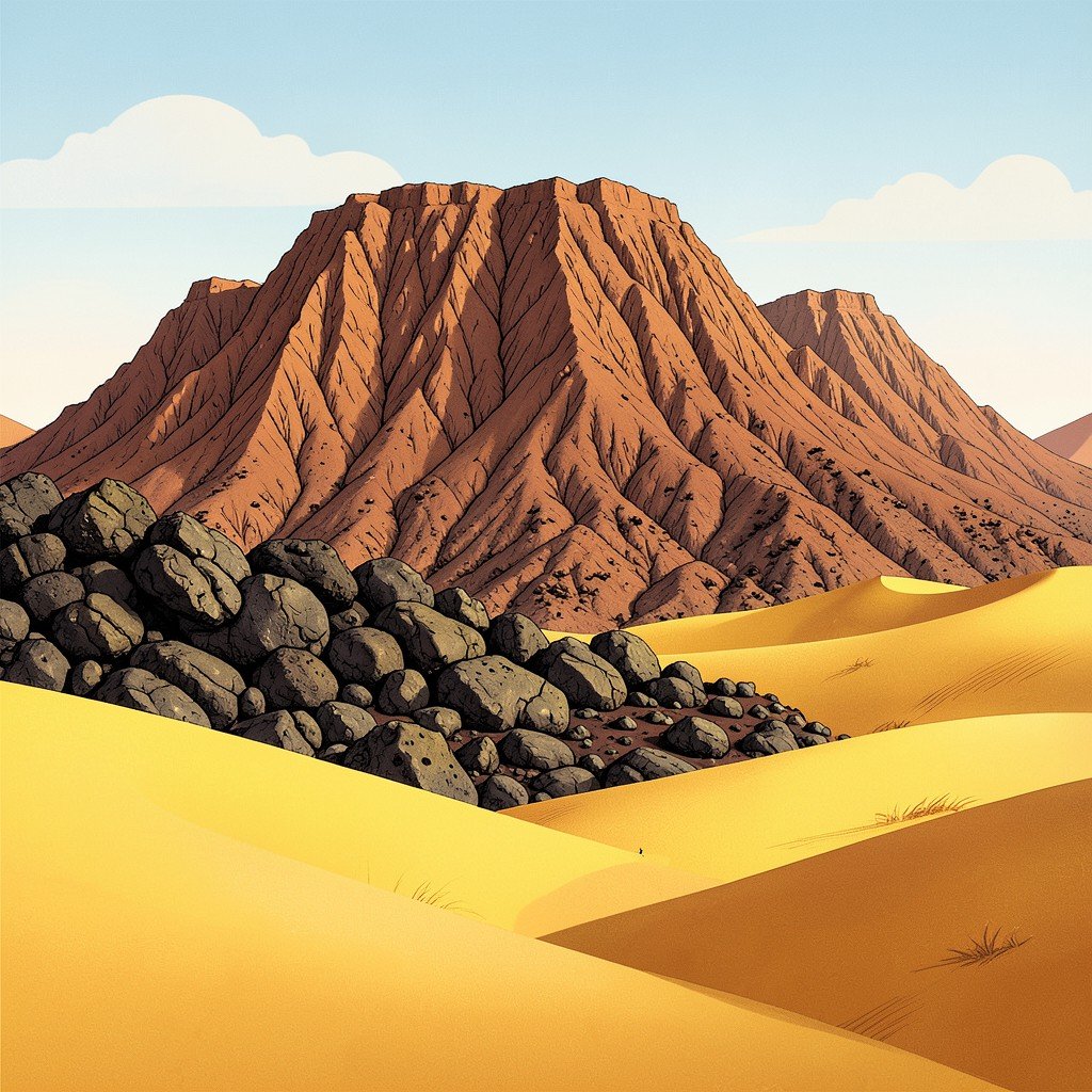 Geological formation in Air mountains Niger showing volcanic rocks meeting yellow sand dunes with distinct contrasting textures History illustration style 4:3
