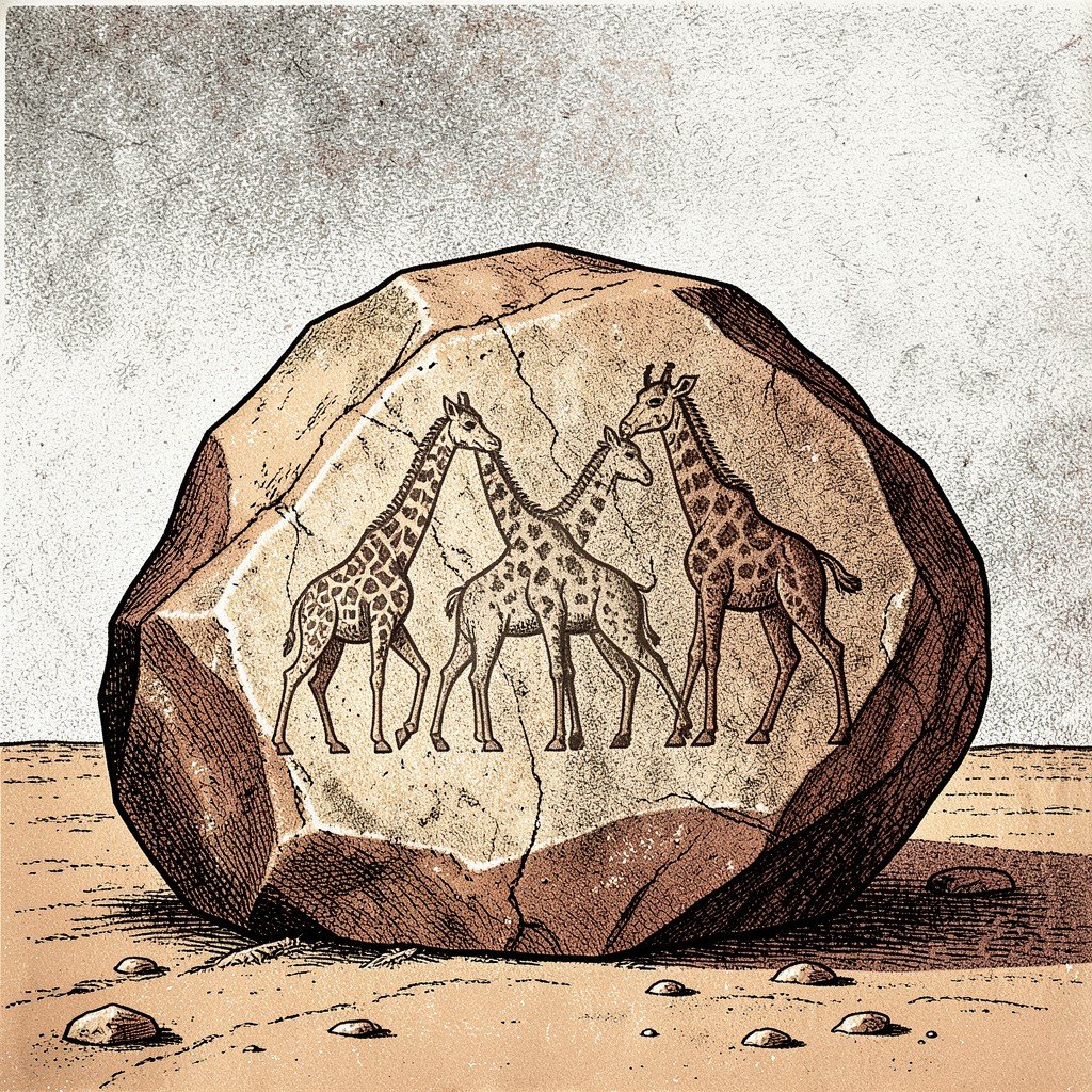 Ancient rock engravings on a desert boulder in Niger depicting wild animals like giraffes with textured background History illustration style 1:1