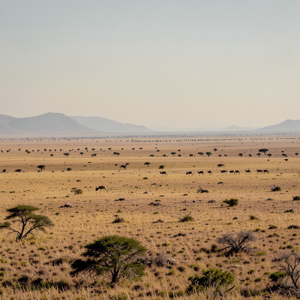 Wide panoramic view of the Air and Tenere Natural Reserves showing vast arid plains with a distant herd of antelope walking under a hazy sky 4:3