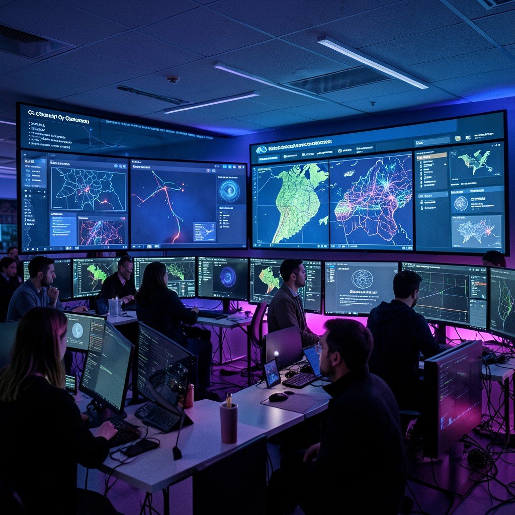 Modern cybersecurity operations center with large screens displaying threat maps and AI security interfaces, professionals monitoring systems, dimly lit room with blue and purple ambient lighting, 4:3