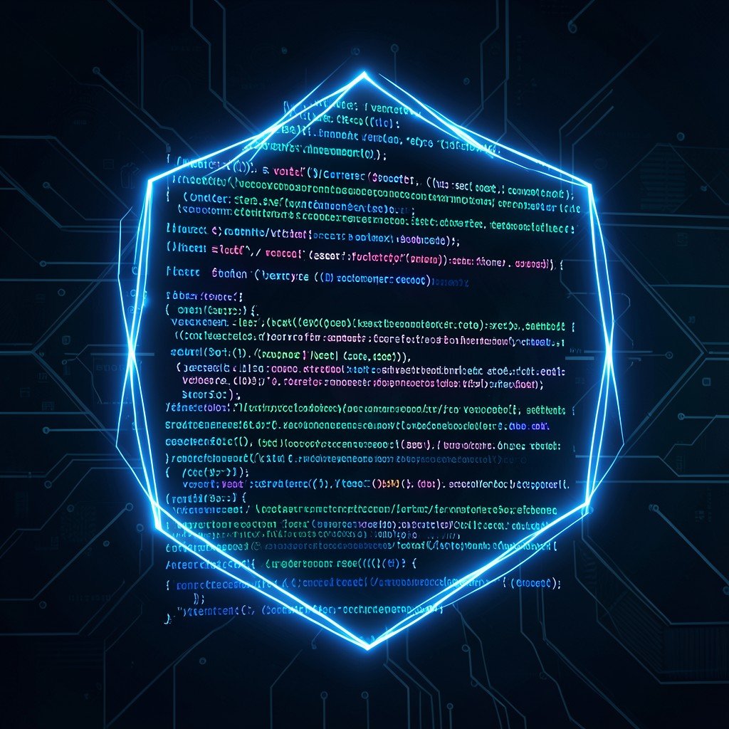 Abstract representation of AI cybersecurity model scanning software code for vulnerabilities, glowing blue lines of code forming a protective shield, dark technological background, 4:3