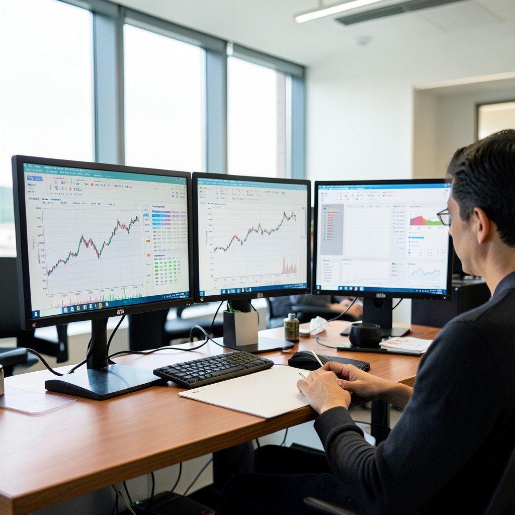 Financial analyst desk with multiple monitors showing stock charts and investment reports, modern office environment, focused atmosphere with natural light, 4:3